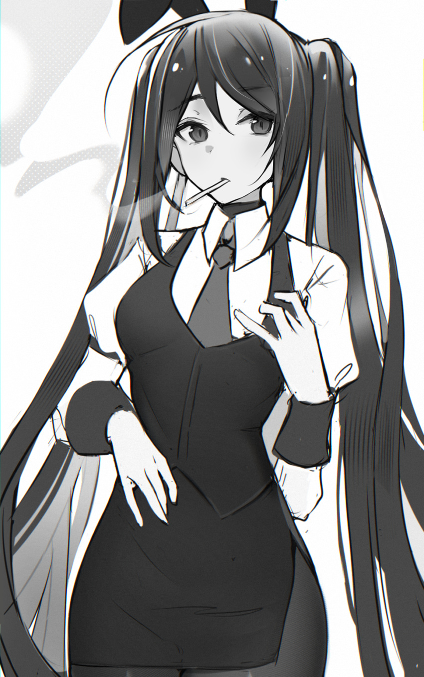 1girl, animal_ears, averting_eyes, breasts, cigarette, collared_shirt, commentary, cowboy_shot, highres, jill_stingray, juliet_sleeves, long_hair, long_sleeves, looking_to_the_side, medium_breasts, miniskirt, monochrome, pantyhose, pencil_skirt, puffy_sleeves, rabbit_ears, reiko_lape, shirt, side_slit, simple_background, skirt, smoke, smoking, solo, symbol-only_commentary, va-11_hall-a, very_long_hair, vest, white_background