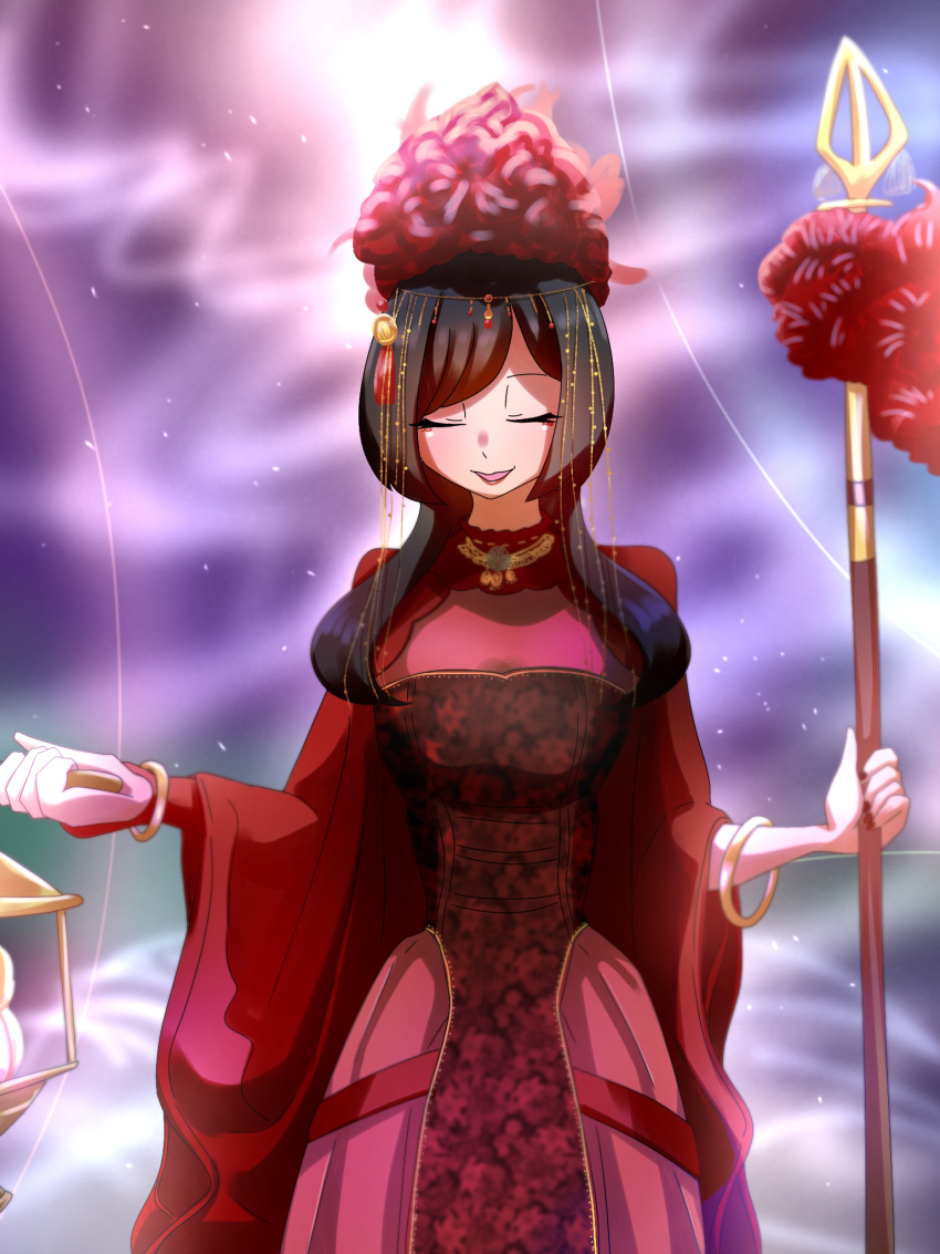 1girl, alluring, black_hair, closed_eyes, devonica, dress, highres, ohsama_sentai_king-ohger, red_dress, staff, super_sentai, winde_(artist)