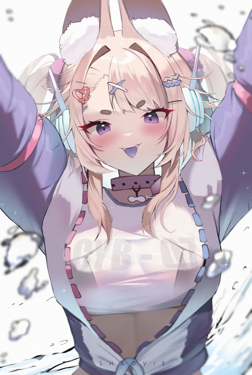 1girl, absurdres, animal_ear_fluff, animal_ears, arms_up, artist_name, black_bra, blonde_hair