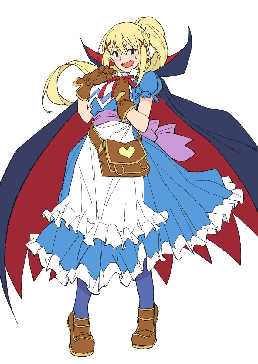 1girl, apron, back_bow, bag, black_cloak, blonde_hair, blue_dress, blue_eyes