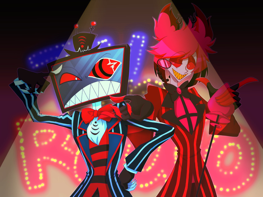 2boys, alastor_(hazbin_hotel), animal_ears, ayanamya, black_headwear, blue_teeth, bow, bowtie