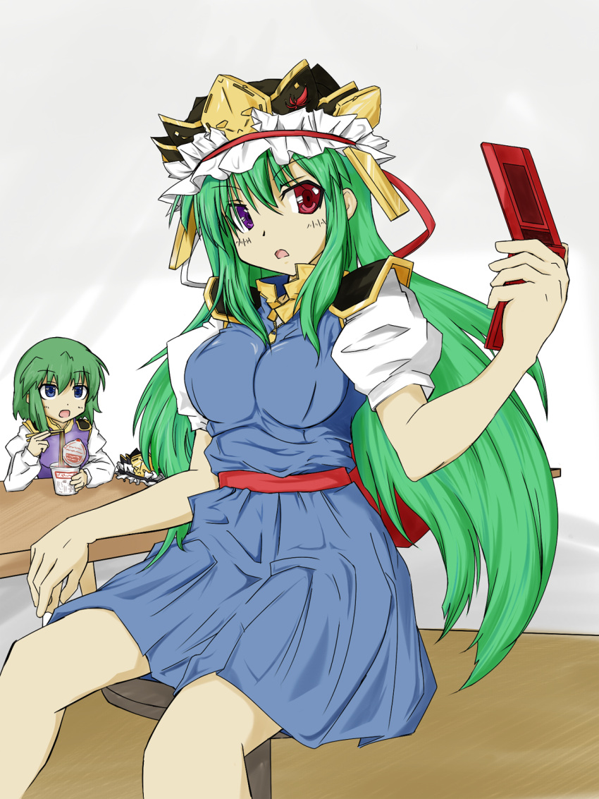 blue_eyes, cellphone, cup_ramen, eating, food, green_hair, hat, hat_removed