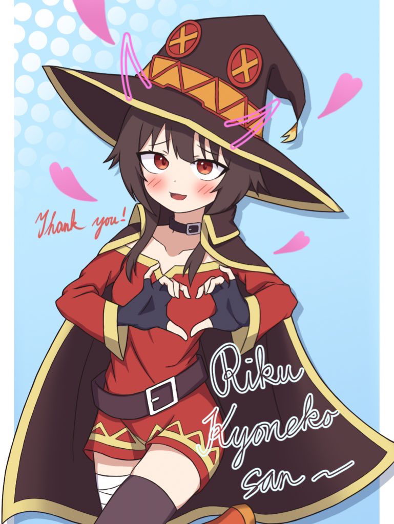 1girl, animal_collar, asymmetrical_legwear, bandaged_leg, bandages, belt, black_belt, black_cloak, black_collar, black_gloves, black_headwear, black_thighhighs, blue_background, blush, boots, brown_hair, cloak, collar, commission, cowboy_shot, cursive, dress, english_commentary, english_text, fingerless_gloves, gba_jasjas, gloves, hat, heart, heart_hands, kono_subarashii_sekai_ni_shukufuku_wo!, leg_up, long_sleeves, looking_at_viewer, megumin, mismatched_legwear, off-shoulder_dress, off_shoulder, open_mouth, red_dress, red_eyes, red_footwear, short_dress, short_hair_with_long_locks, smile, solo, standing, standing_on_one_leg, thank_you, thigh-highs, witch_hat