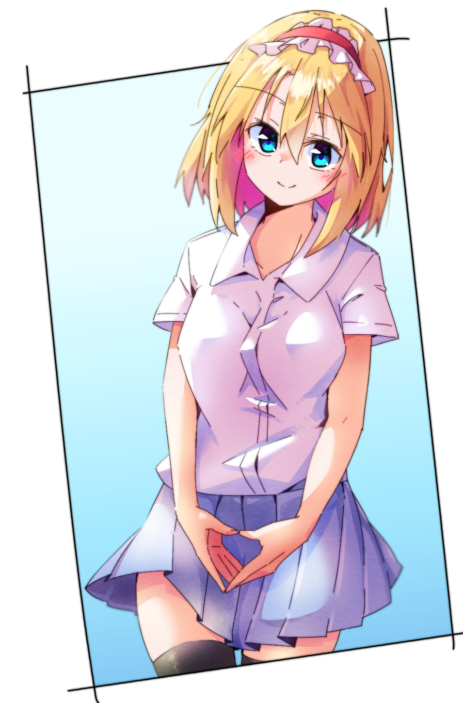 1girl, alice_margatroid, alternate_costume, black_thighhighs, blonde_hair, blue_eyes, blue_skirt, blush