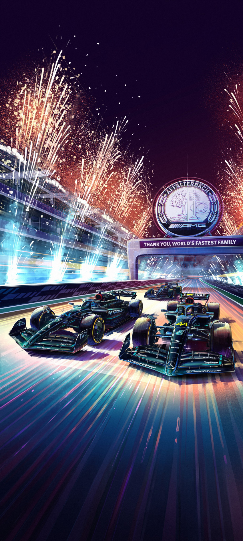 3boys, absurdres, andrew_mytro, car, english_commentary, fireworks, formula_one, formula_racer, george_russell, helmet, highres, lewis_hamilton, logo, mercedes-amg_f1_w14, mick_schumacher, motion_blur, motor_vehicle, multiple_boys, night, official_art, race_vehicle, racecar, racetrack, racing, real_life, spoiler_(automobile), vehicle_focus, yas_marina_circuit