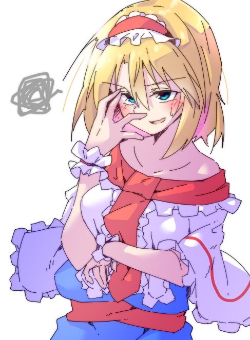 1girl, alice_margatroid, arm_under_breasts, blonde_hair, blue_dress, blue_eyes, blush, capelet