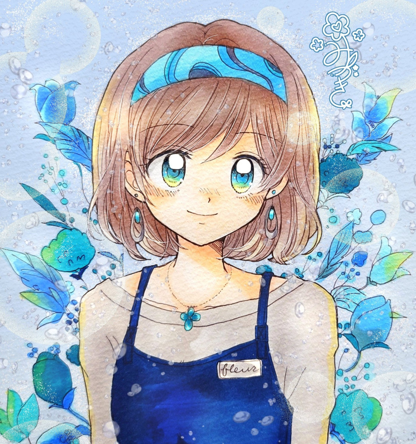 1980s_(style), 1girl, blue_camisole, blue_eyes, blue_flower, blue_hairband, brown_hair, camisole