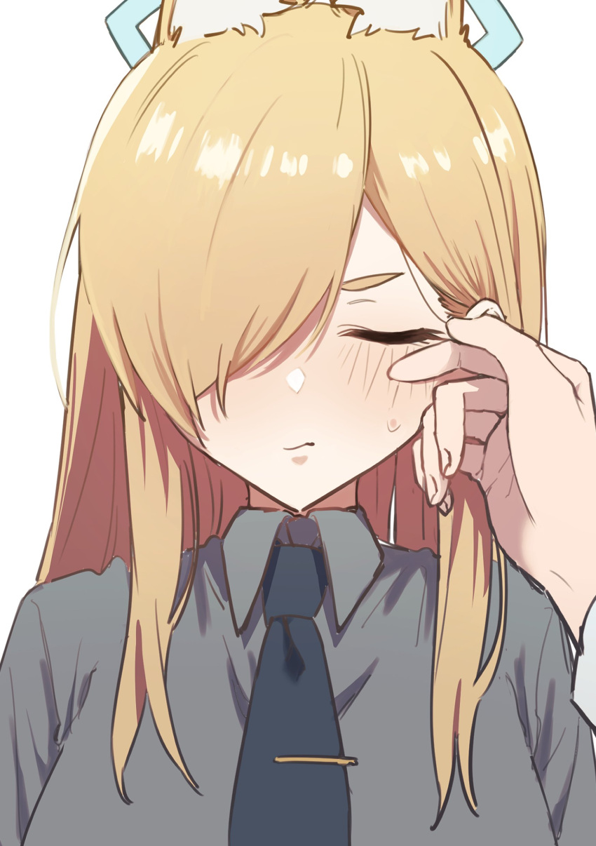 1girl, absurdres, animal_ear_fluff, animal_ears, black_necktie, blonde_hair, blue_archive, blue_halo