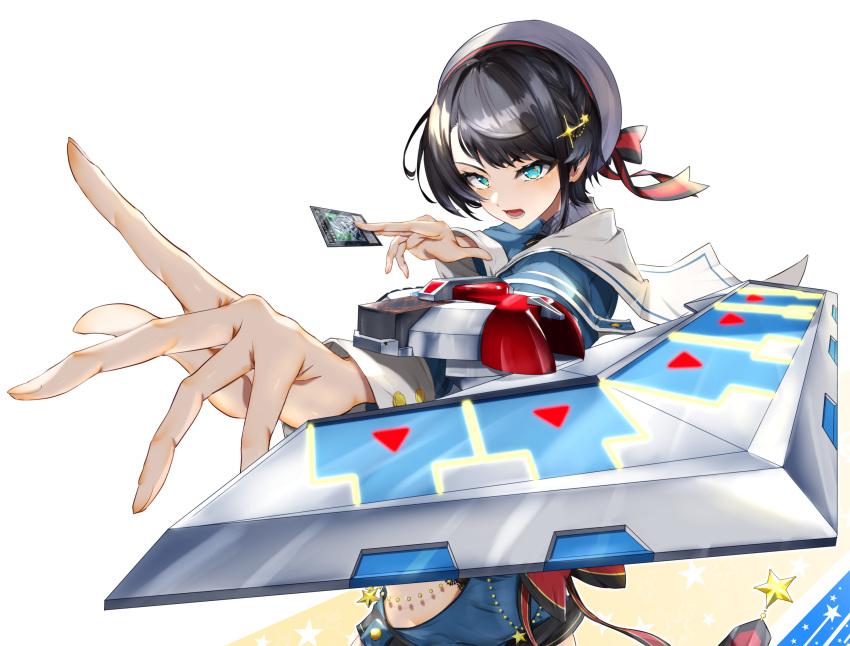 1girl, black_hair, card, duel_disk, hair_ornament, hairpin, highres, hirano_masatosh