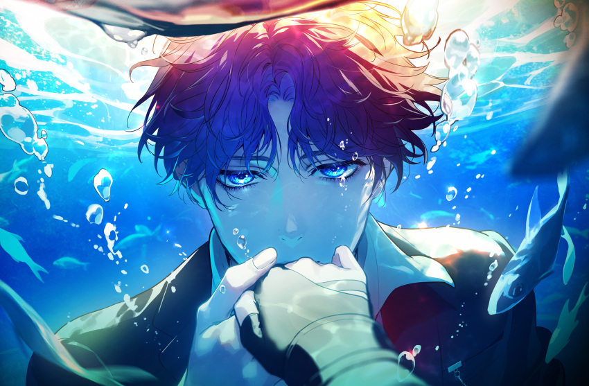 1boy, blue_eyes, bubble, collared_shirt, disembodied_limb, fish, hand_grab, highres