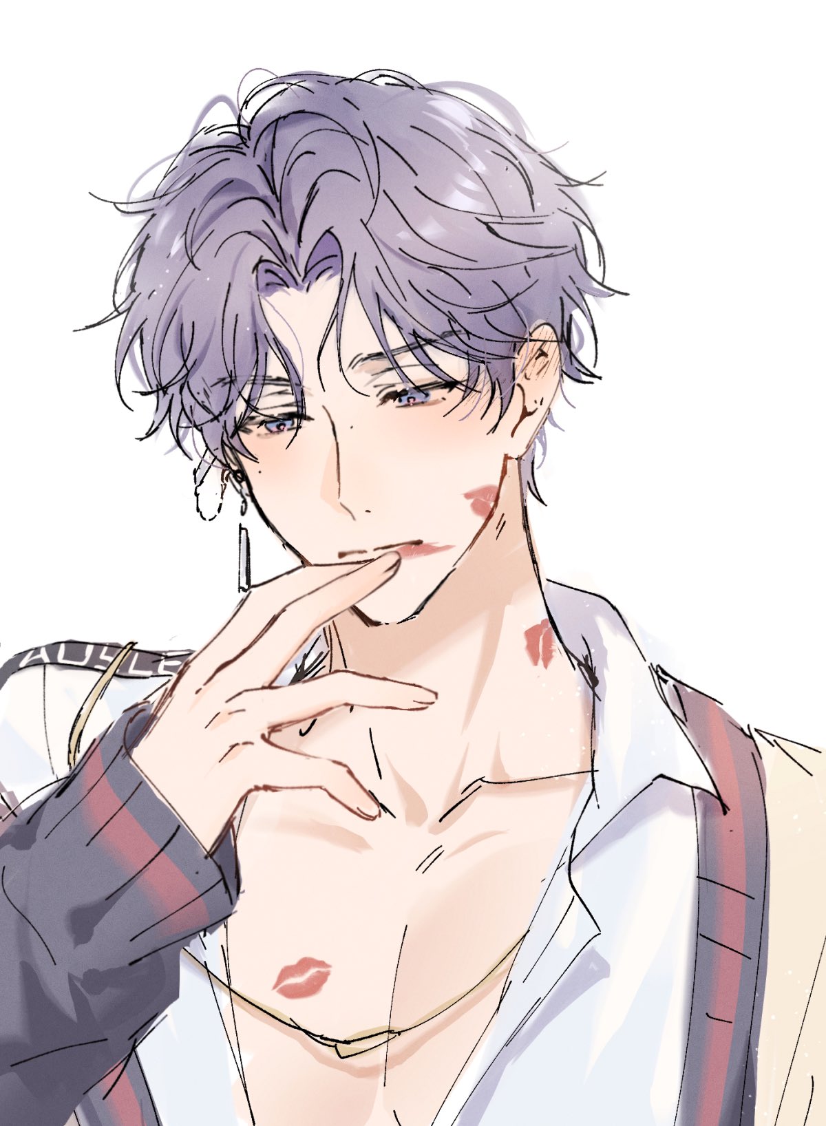 1boy, collarbone, earrings, highres, jewelry, lipstick_mark, lipstick_mark_on_chest, lipstick_mark_on_face