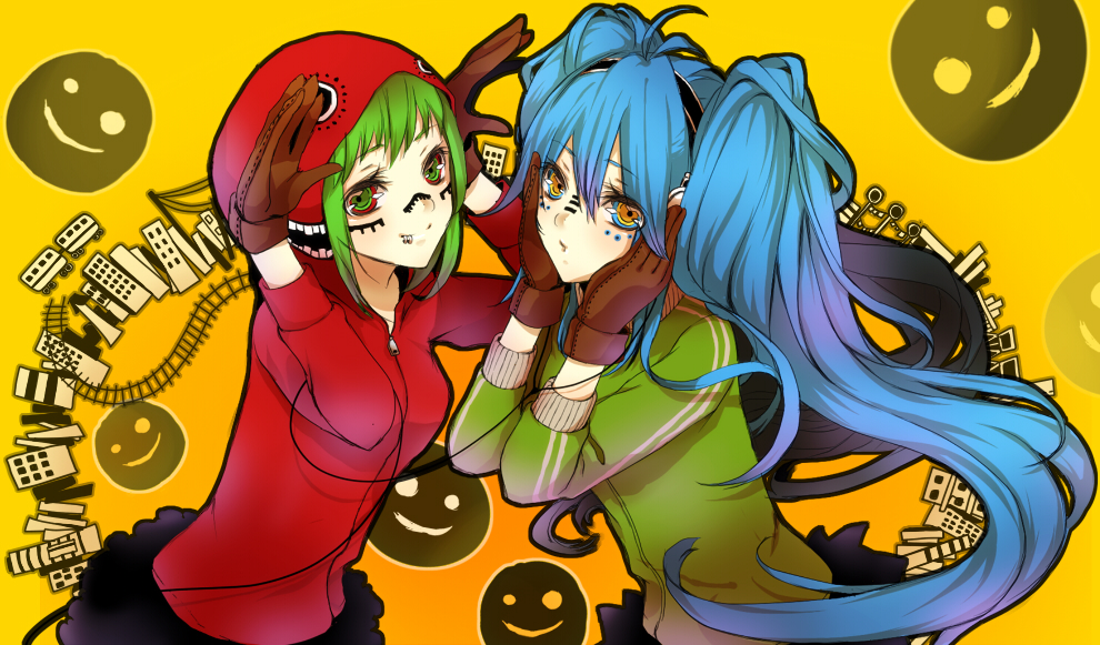 blue_hair, gloves, green_hair, gumi, hatsune_miku, matryoshka_(vocaloid), multicolored_eyes, multiple_girls