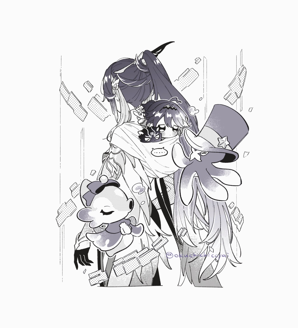 aged_down, ahoge, carrying, crying, gaming_(genshin_impact), genshin_impact, gentilhomme_usher, greyscale