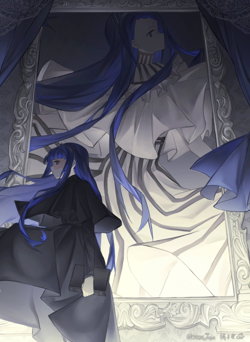 1girl, 7026jaja, ado_(utaite), black_dress, blue_eyes, blue_hair, book, chinese_commentary