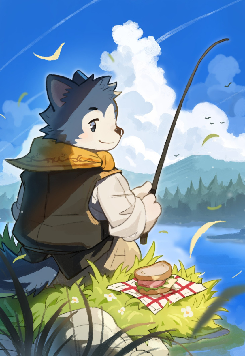 1boy, animal_ears, back, blue_eyes, blue_fur, bruce_husky, clouds, cloudy_sky, day, dog_boy, dog_ears, dog_tail, falling_leaves, feet_out_of_frame, fishing, fishing_rod, food, furry, furry_male, highres, holding, holding_fishing_rod, lake, leaf, looking_back, male_focus, neckerchief, orange_neckerchief, outdoors, sandwich, sitting, sky, smile, solo, sylvanian_families, syukapong, tail, two-tone_fur, white_fur, wind