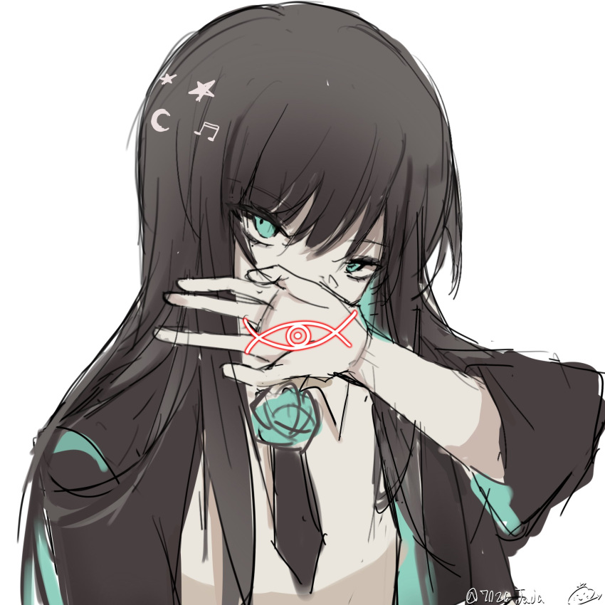 1girl, 7026jaja, ado_(utaite), black_coat, black_hair, black_necktie, blue_eyes, blue_hair, chando_(ado), chinese_commentary, cloud_nine_inc, coat, collared_shirt, colored_inner_hair, commentary_request, covering_own_mouth, flower_brooch, hand_up, highres, long_hair, looking_at_viewer, mole, mole_under_eye, multicolored_hair, necktie, shirt, simple_background, sleeves_past_elbows, solo, twitter_username, two-tone_hair, upper_body, utaite, white_background, white_shirt