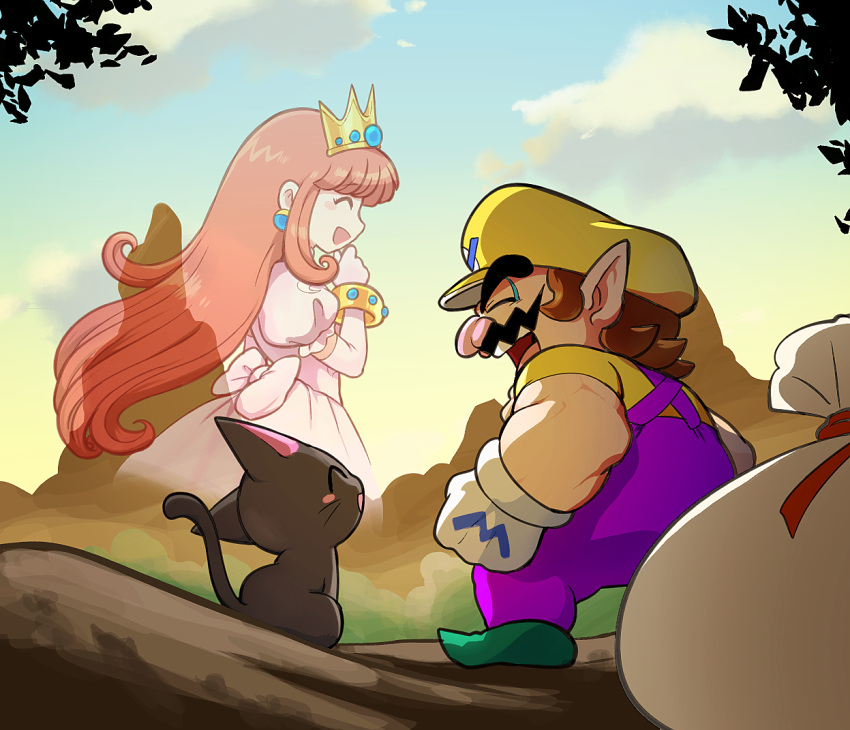 1boy, 1girl, black_cat, brown_hair, cat, closed_eyes, crown, dress