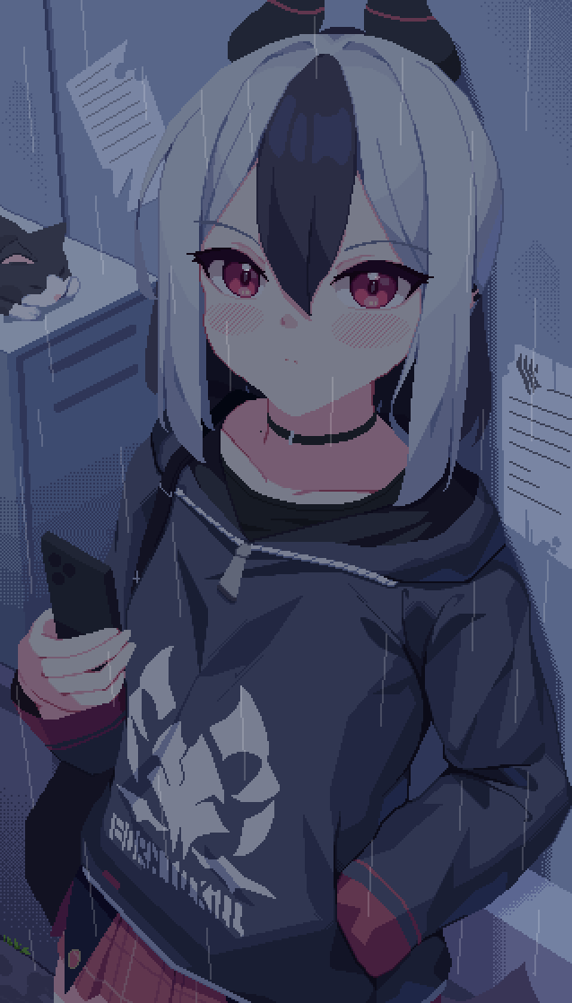 1girl, against_wall, animated, animated_gif, black_choker, black_hair, black_hoodie, black_horns, blinking, blue_archive, blush, cat, cellphone, choker, closed_mouth, drooling, hair_between_eyes, holding, holding_phone, hood, hoodie, horns, kayoko_(blue_archive), long_sleeves, looking_at_viewer, phone, piao_mao, pixel_art, red_eyes, red_skirt, skirt, smartphone, solo, two_side_up, white_hair