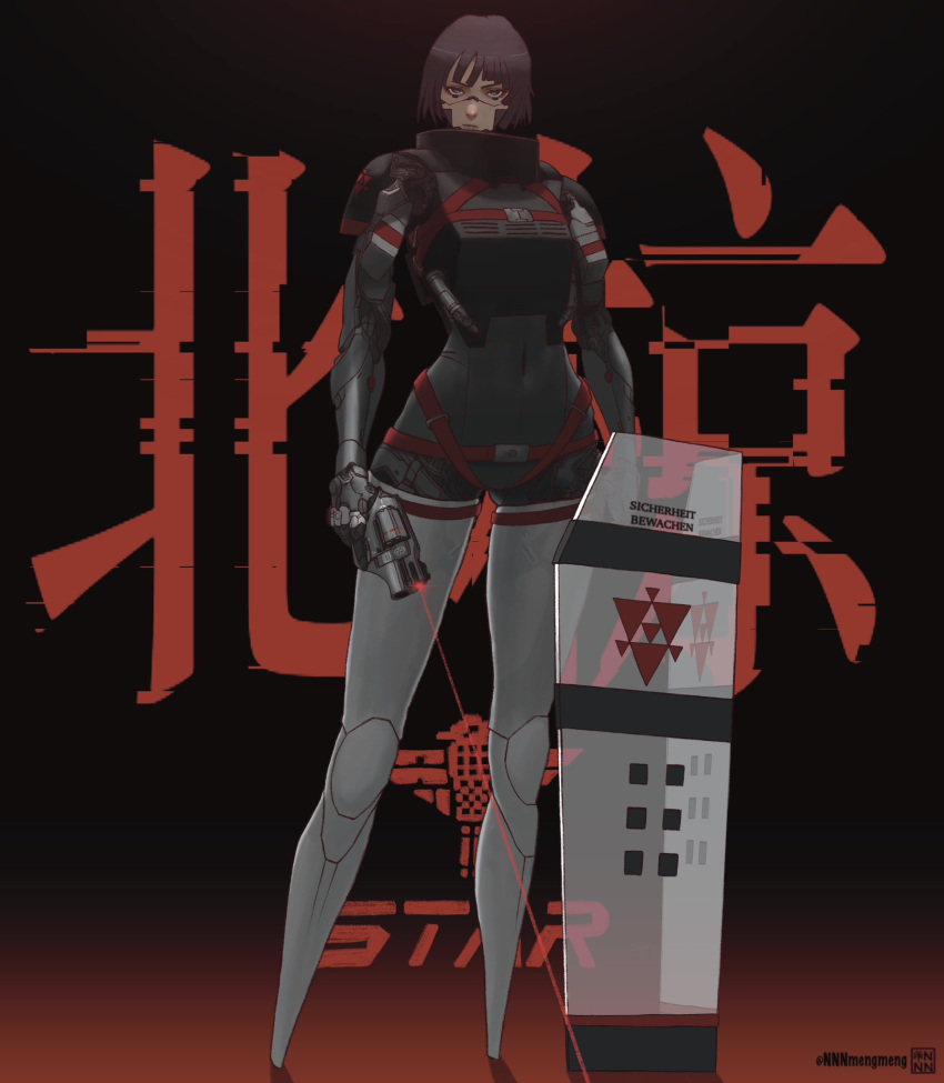 1girl, android, armor, artist_name, black_hair, blue_eyes, breastplate, commentary, english_commentary, german_text, gun, highres, humanoid_robot, joints, laser_sight, looking_at_viewer, mechanical_arms, mechanical_legs, mechanical_parts, nnnmengmeng, no_feet, revolver, robot, robot_girl, robot_joints, science_fiction, short_hair, signalis, solo, standing, star_(signalis), trigger_discipline, twitter_username, weapon