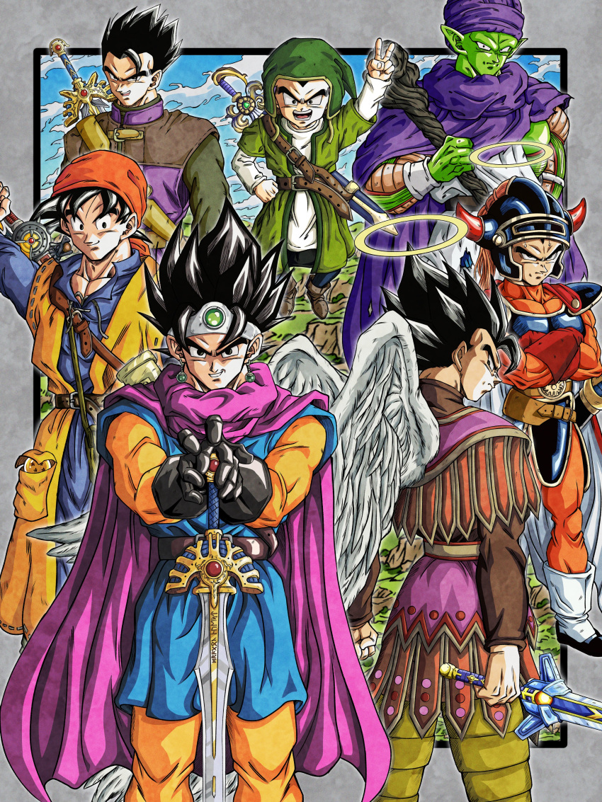 6+boys, absurdres, angel_wings, armor, cape, colored_skin, cosplay, dragon_ball
