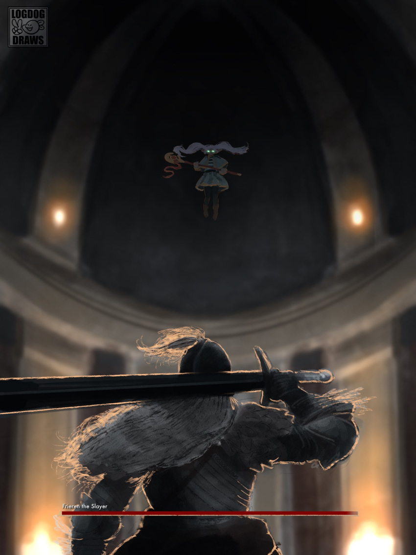 1girl, 1other, armor, black_pantyhose, bloody_wolf_(elden_ring), boss_fight, brown_footwear, character_name