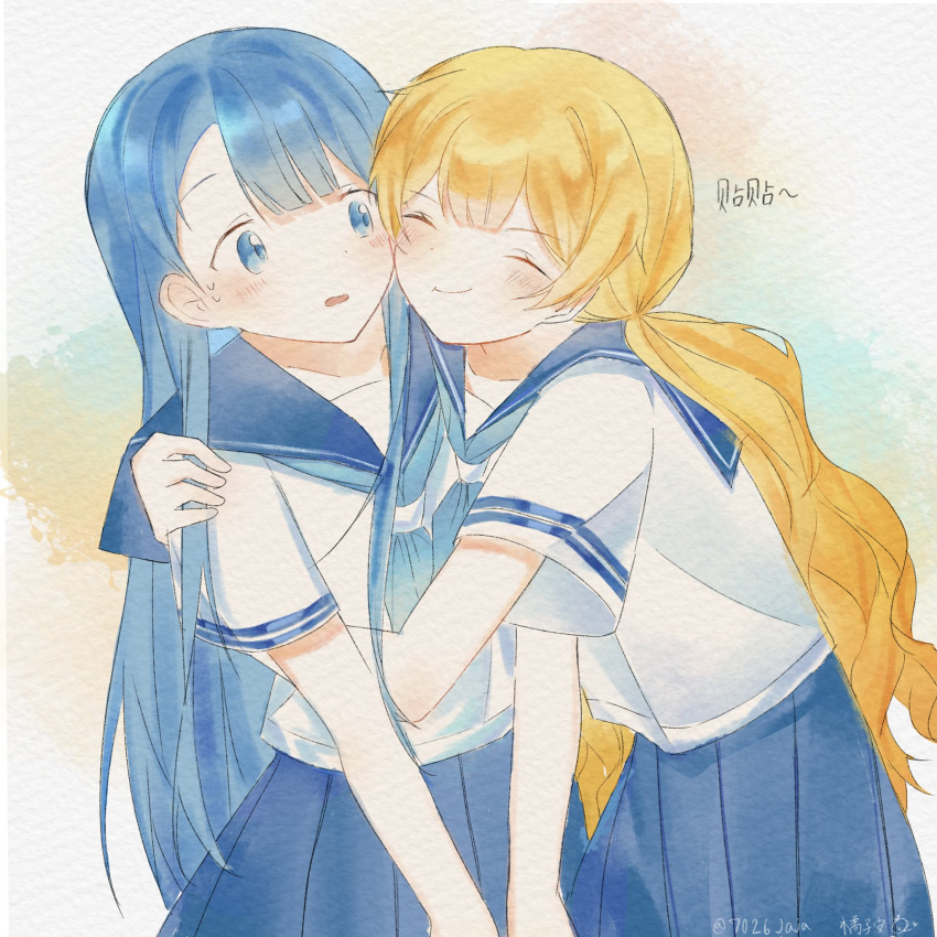 2girls, 7026jaja, aoi_(ado), blonde_hair, blue_eyes, blue_hair, blue_neckerchief, blue_sailor_collar