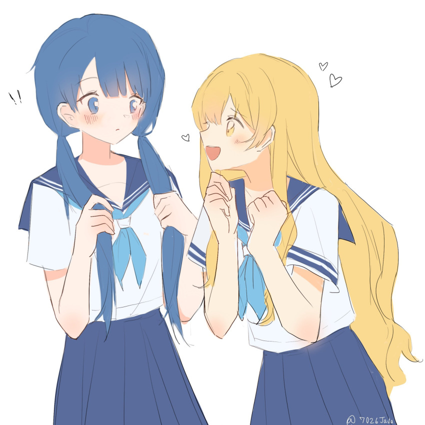 2girls, 7026jaja, alternate_hairstyle, aoi_(ado), blonde_hair, blue_eyes, blue_hair, blue_neckerchief