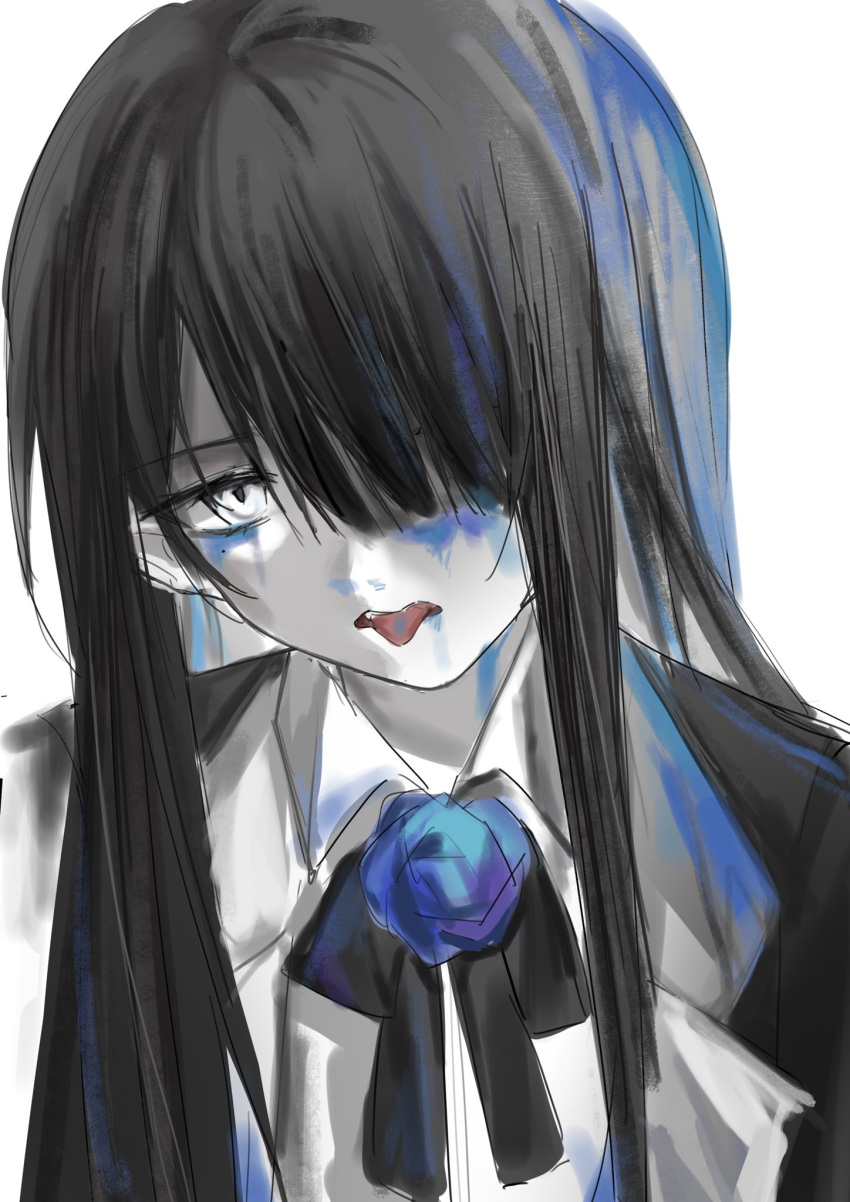 1girl, 7026jaja, ado_(utaite), black_hair, chando_(ado), chinese_commentary, cloud_nine_inc, commentary_request, hair_over_one_eye, highres, long_hair, looking_at_viewer, mole, mole_under_eye, open_mouth, paint_on_clothes, paint_splatter, paint_splatter_on_face, sidelocks, simple_background, solo, teeth, tongue, tongue_out, upper_body, upper_teeth_only, utaite, white_background, white_eyes