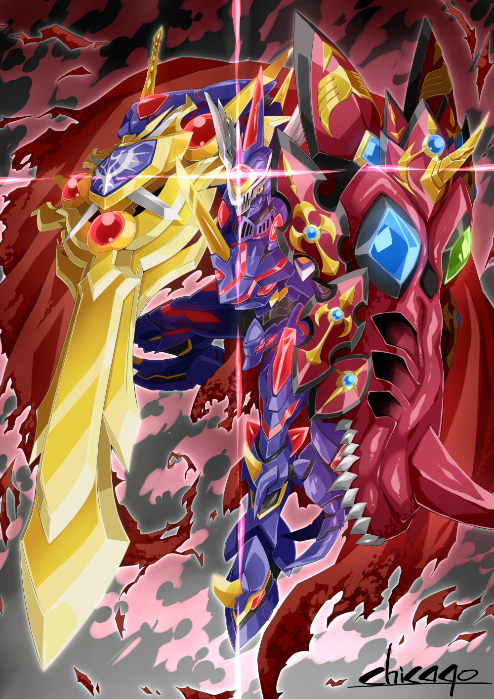1boy, armor, artist_name, bryweludramon, cape, chicago-x, digimon, digimon_(creature)