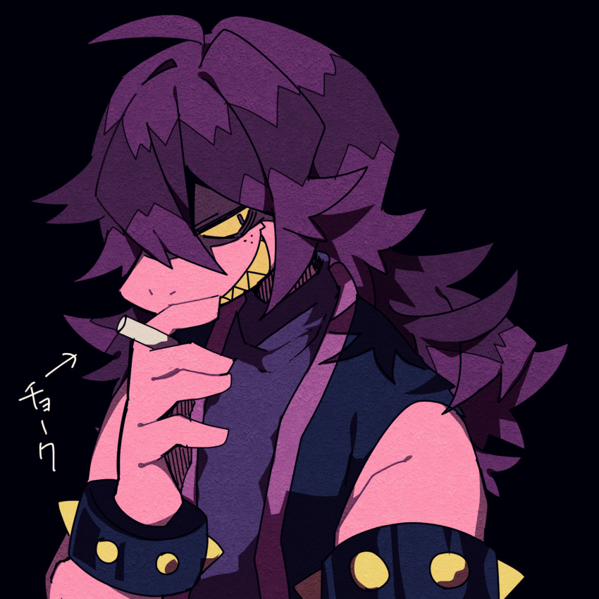1girl, armlet, black_background, bracelet, chalk, colored_sclera, colored_skin, commentary_request
