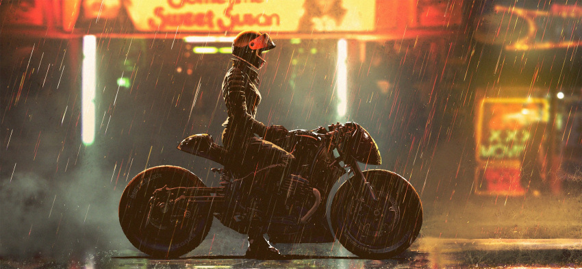 1girl, batman_(series), black_gloves, black_jacket, black_pants, blurry, blurry_background, boots, breasts, concept_art, dark_foreground, dc_comics, from_side, full_body, gloves, helmet, highres, jacket, joe_studzinski, leather, leather_jacket, leg_up, medium_breasts, motor_vehicle, motorcycle, motorcycle_helmet, neon_lights, night, official_art, on_motorcycle, outdoors, pants, profile, rain, selina_kyle, solo, standing, standing_on_one_leg, steam, the_batman_(2022), tire