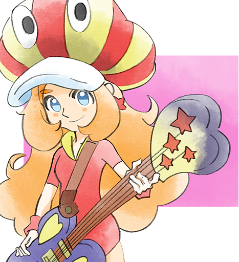 1girl, bass_guitar, blue_eyes, dress, hat, holding, holding_instrument, instrument