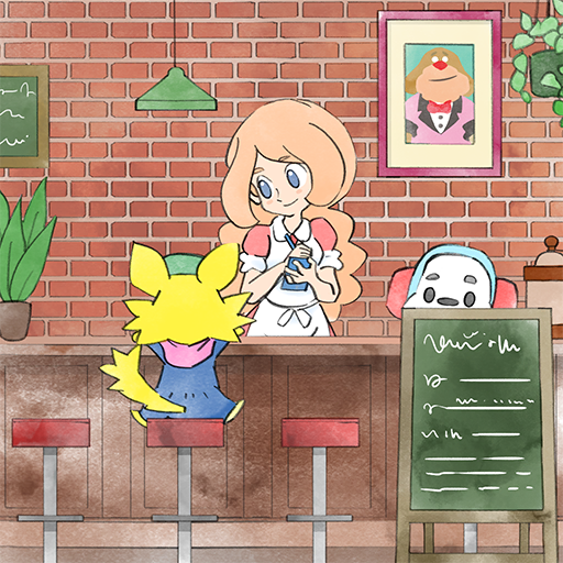 1girl, 2boys, apron, bar_stool, blue_eyes, brick_wall, chalkboard, counter