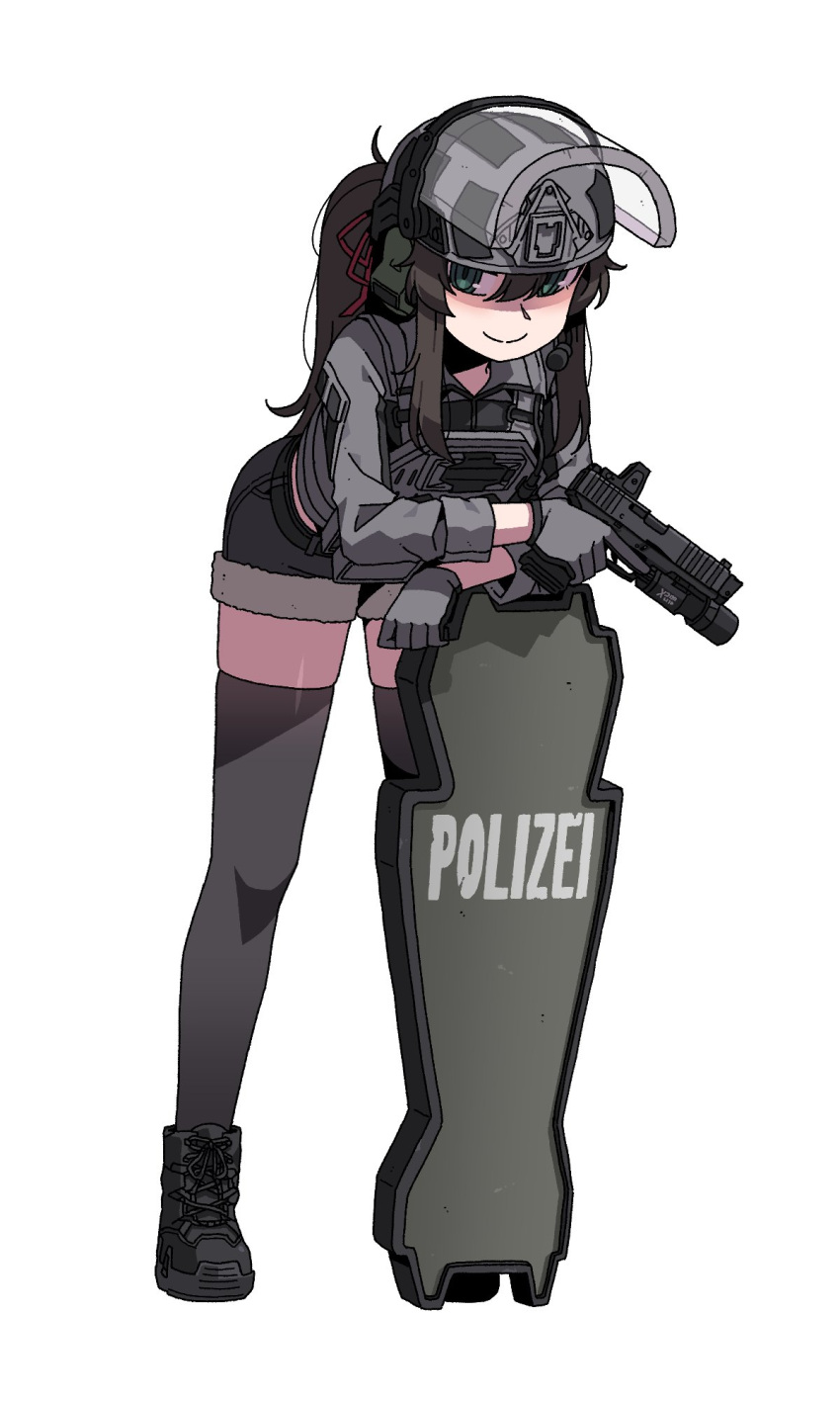 1girl, black_footwear, black_skirt, black_thighhighs, blue_eyes, boots, breasts, brown_hair
