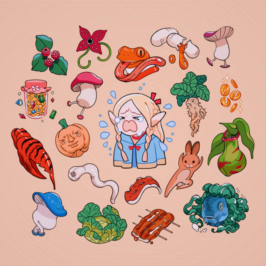 blonde_hair, blue_capelet, bow, braid, capelet, choker, coin, crab_claw, crying, dungeon_meshi, elf, food, frog, fruit, hair_bow, highres, jam, jar, lettuce, mandrake, marcille_crying_(meme), marcille_donato, meme, meyoco, monster, parasite, pointy_ears, ponytail, pumpkin, rabbit, raspberry, red_bow, red_choker, tentacles, walking_mushroom_(dungeon_meshi)