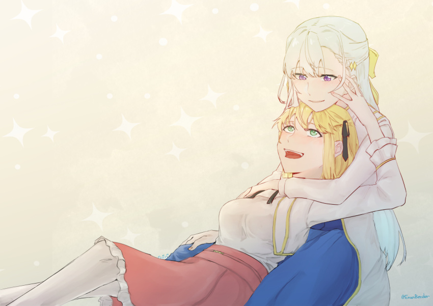 2girls, ;p, absurdres, anisphia_wynn_palettia, black_ribbon, blonde_hair, blue_dress, coat