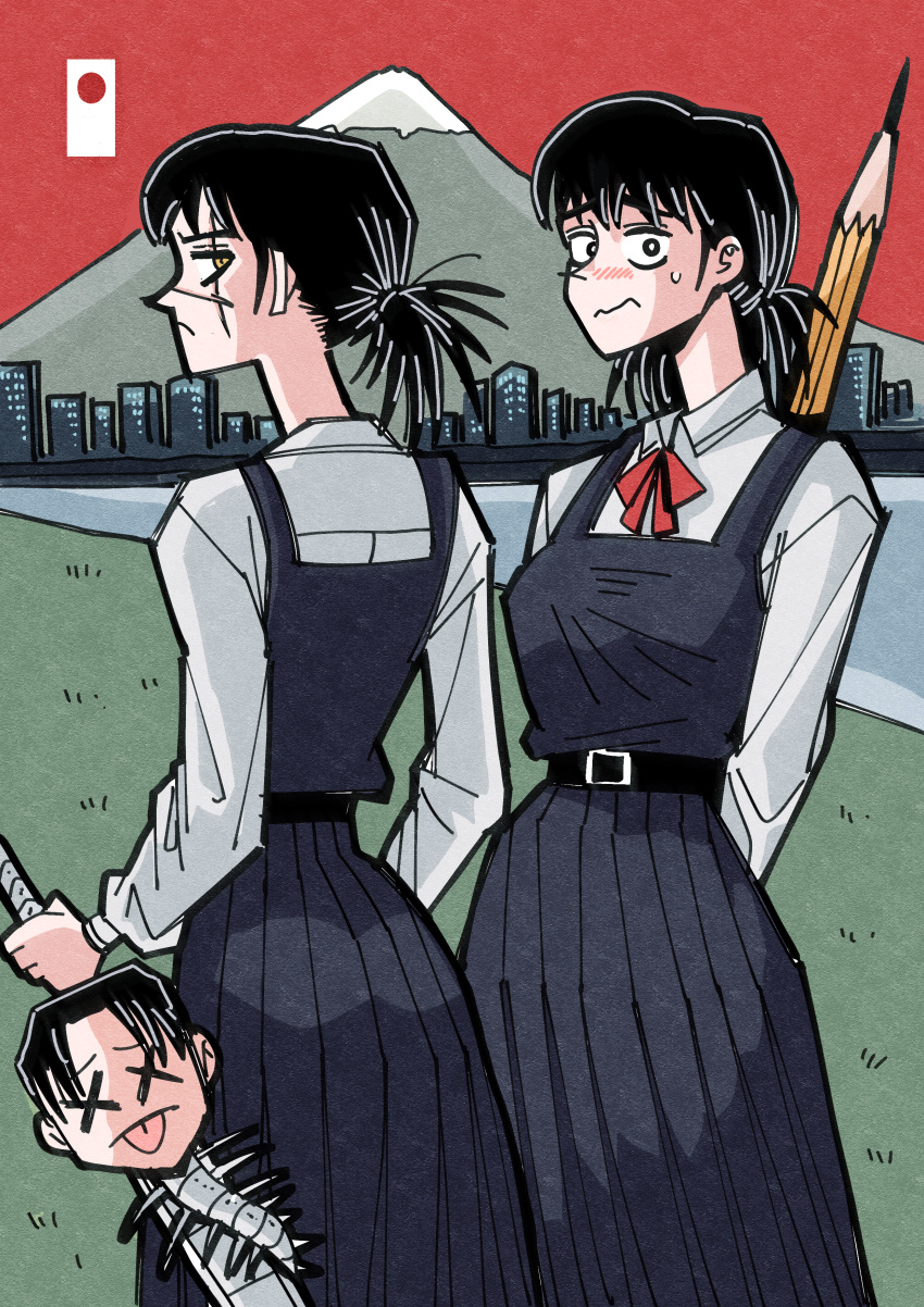 2girls, absurdres, belt, black_belt, black_eyes, black_hair, blush, chainsaw_man, city, closed_mouth, commentary_request, dress, fourth_east_high_school_uniform, frown, hansoom_(latebirdwakeup), highres, korean_commentary, mitaka_asa, mountain, multiple_girls, oversized_object, pencil, pinafore_dress, scar, scar_across_eye, scar_on_face, school_uniform, severed_head, sleeveless, sleeveless_dress, sweatdrop, tanaka_(chainsaw_man), tongue, tongue_out, x_x, yellow_eyes, yoru_(chainsaw_man)