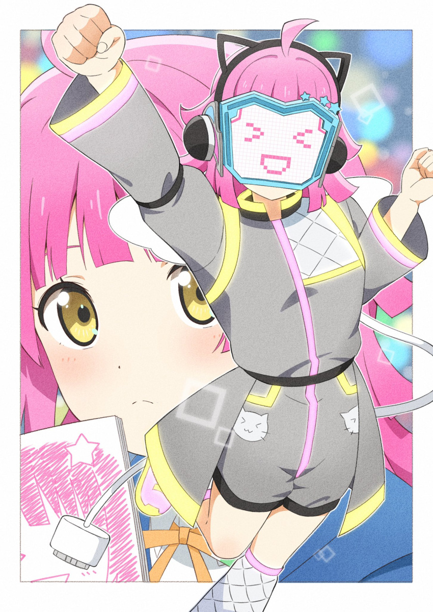 >_<, 1girl, :d, ahoge, animal_ear_headphones, animal_ears, animal_print, arm_up