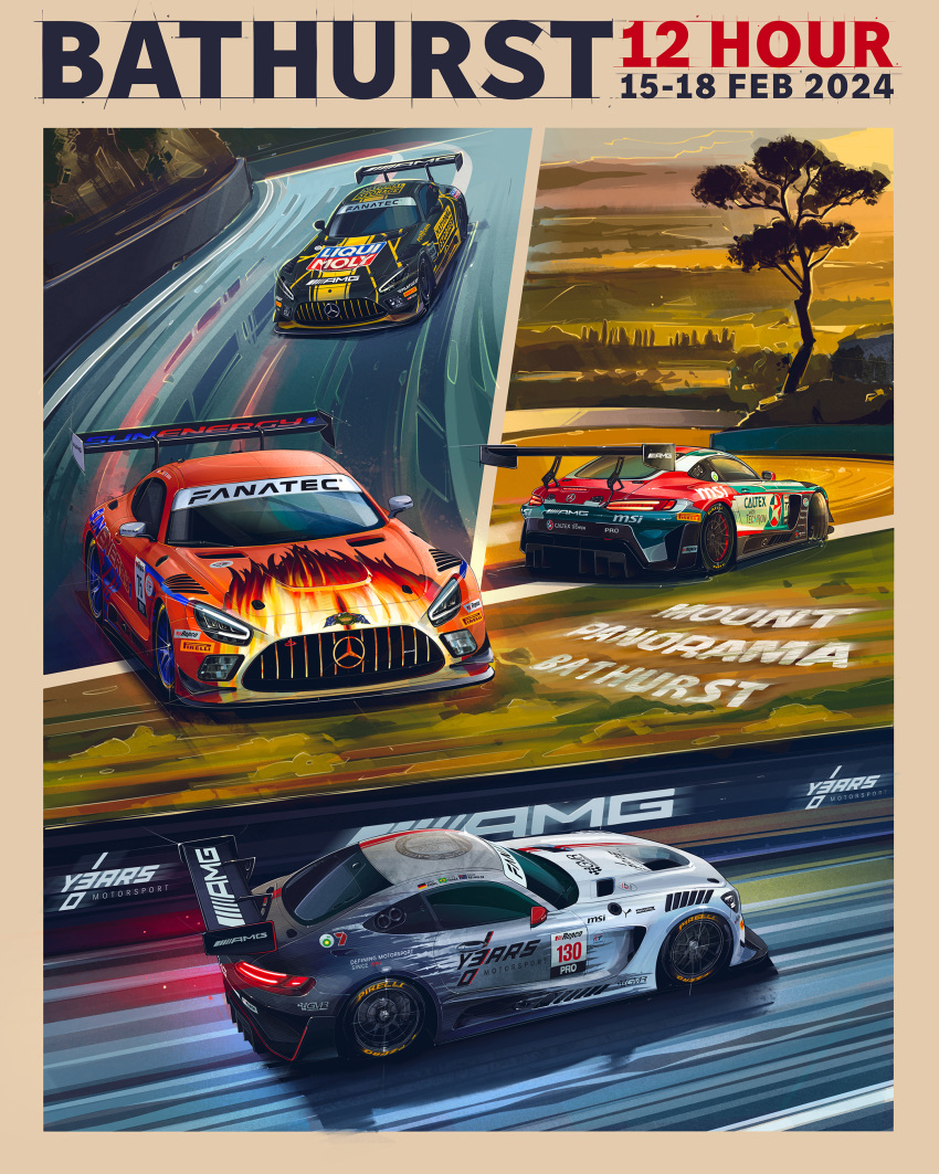 absurdres, andrew_mytro, anniversary, australia, car, craft-bamboo_racing, english_commentary, fanatec, flame_print, gruppe_m_racing, gt_world_challenge_australia, highres, mercedes-benz_amg_gt, motion_blur, motor_vehicle, mount_panorama_circuit, national_storage_racing, no_humans, official_art, pirelli, promotional_art, race_vehicle, racecar, real_world_location, spoiler_(automobile), star_(symbol), sunenergy1_racing, tree