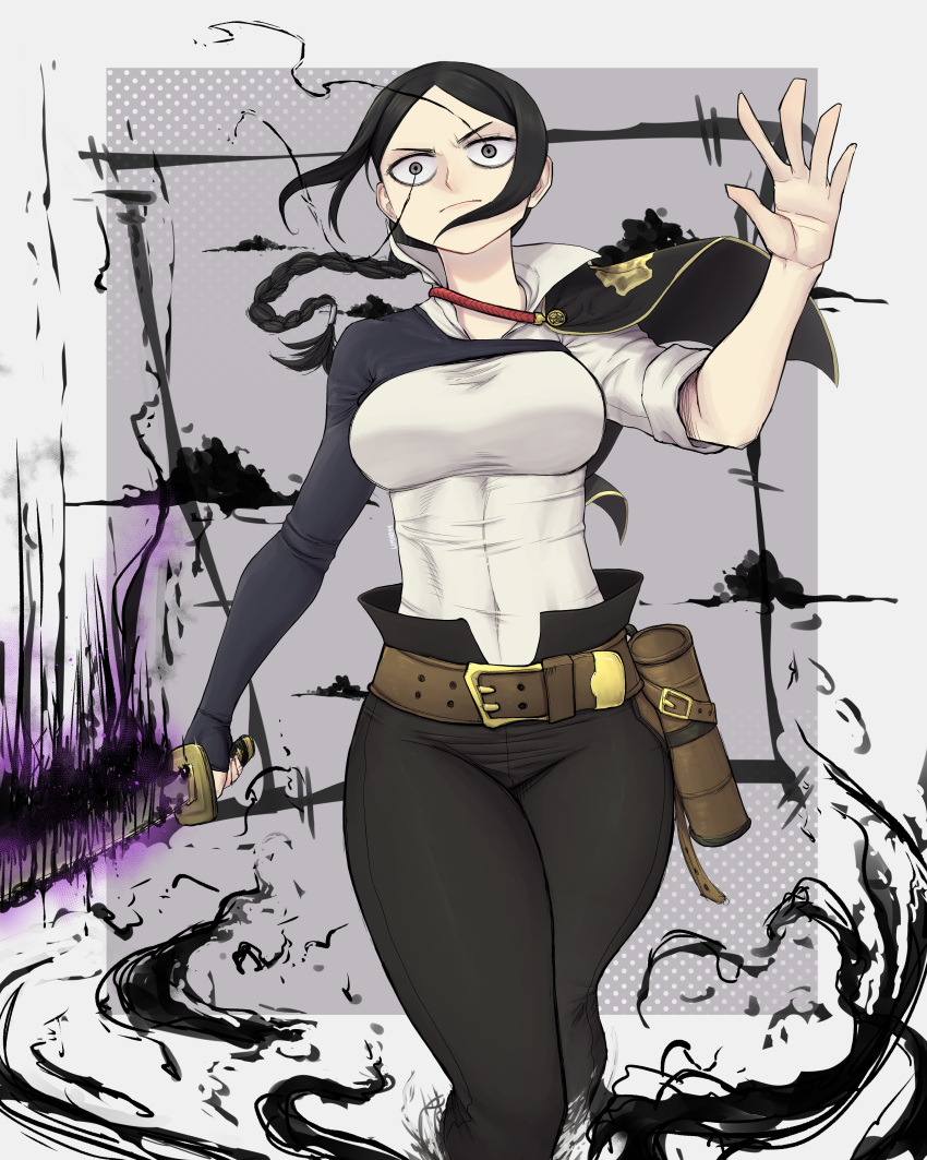 1girl, absurdres, asta_(black_clover), asta_(black_clover)_(cosplay), black_bulls_(emblem), black_capelet, black_clover, black_hair