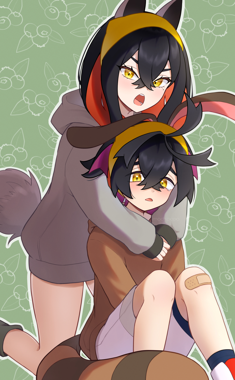 1boy, 1girl, :o, bandaid, bandaid_on_knee, bandaid_on_leg, black_hair, brother_and_sister