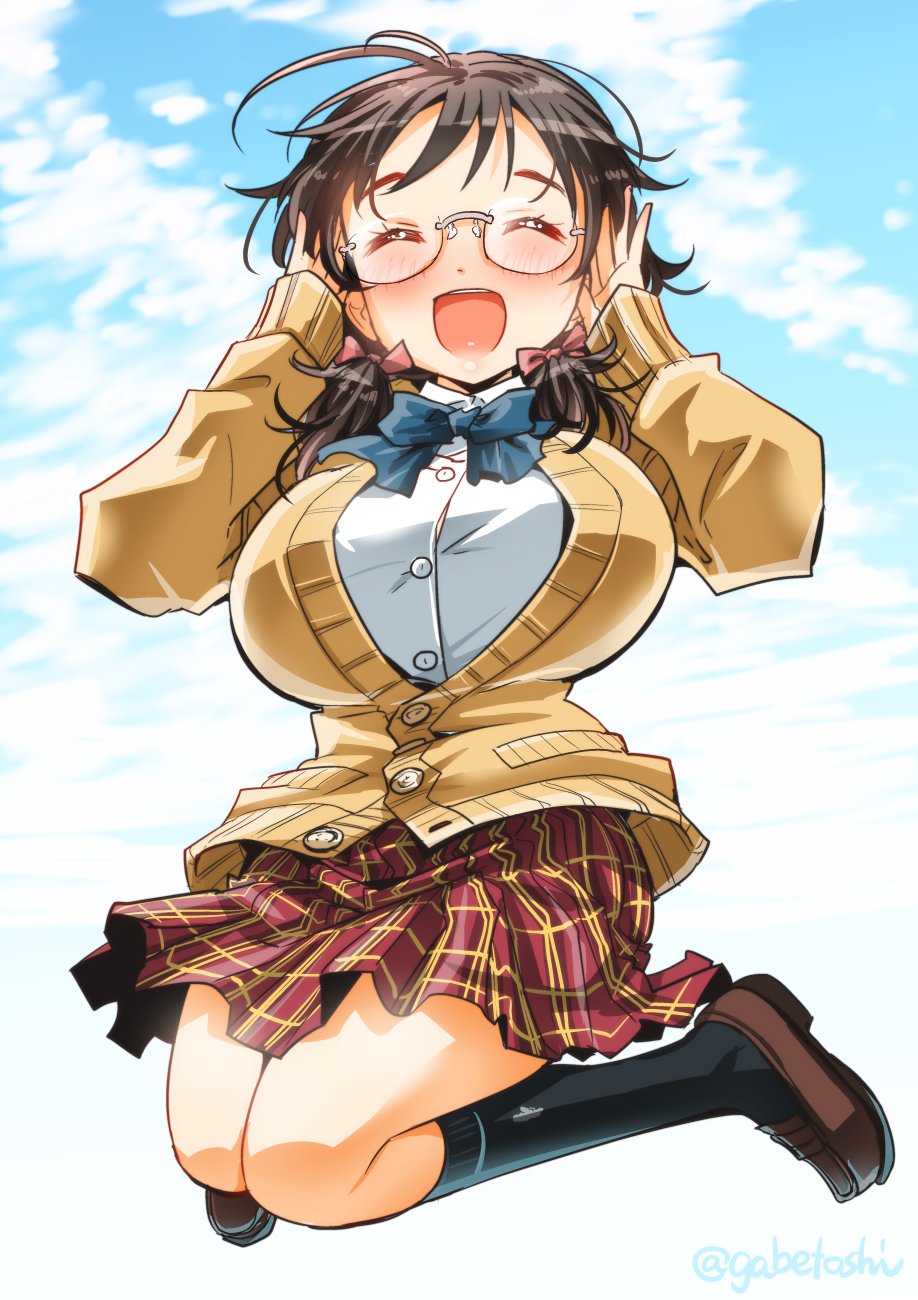 1girl, asano_fuka, black_hair, black_socks, blue_bow, blue_bowtie, blue_sky, blush, bow, bowtie, breasts, brown_cardigan, cardigan, closed_eyes, clouds, day, dot_nose, full_body, glasses, hair_bow, hair_ribbon, hands_on_own_face, hands_up, highres, idolmaster, idolmaster_cinderella_girls, idolmaster_cinderella_girls_starlight_stage, jumping, large_breasts, loafers, long_sleeves, low_twintails, open_mouth, pink_ribbon, plaid, plaid_skirt, pleated_skirt, red_skirt, ribbon, school_uniform, shirt, shoes, short_hair, skirt, sky, smile, socks, sogabe_toshinori, solo, twintails, twitter_username, white_shirt
