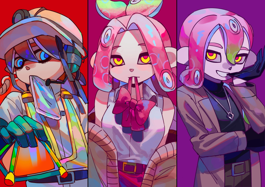 1girl, 2boys, absurdres, belt, biting, blue_eyes, blue_pupils, bow