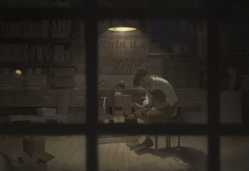 1boy, apron, black_hair, brown_apron, brown_footwear, ceiling_light, chair, chest_of_drawers