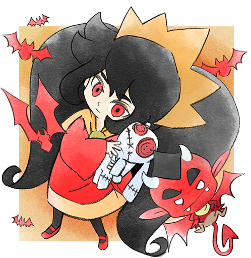 1girl, ashley_(warioware), bat_(animal), black_hair, black_pantyhose, demon, demon_tail, demon_wings, dress, hair_ornament, long_hair, looking_at_viewer, official_art, pantyhose, red_(warioware), red_dress, red_eyes, red_footwear, tail, takeuchi_kou, third-party_source, twintails, warioware, warioware:_get_it_together!, wings