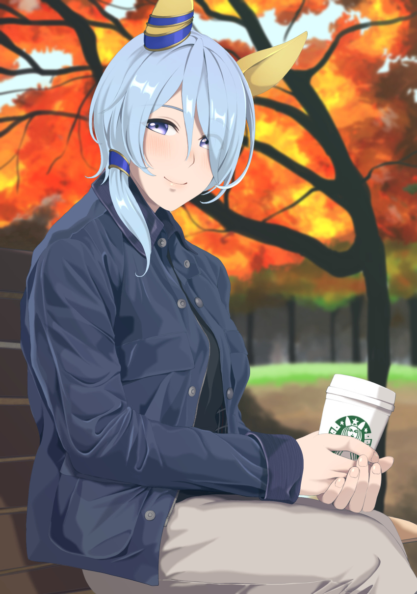 1girl, absurdres, alternate_costume, animal_ears, autumn_leaves, black_shirt, blue_hair, blue_jacket