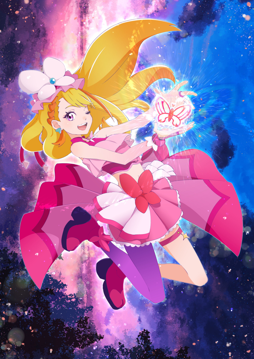 1girl, absurdres, ascot, blonde_hair, boots, bow_skirt, braid, braided_bangs, bridal_gauntlets, brooch, bug, butterfly, butterfly_hat_ornament, cropped_shirt, cure_butterfly, earrings, floating, full_body, gloves, glowing_butterfly, hat, hat_ornament, highres, hijiri_ageha, hirogaru_sky!_precure, jewelry, ji-ma, legs_up, long_hair, looking_at_viewer, magical_girl, midriff, milky_way, miniskirt, mob_cap, navel, night, night_sky, one_eye_closed, open_mouth, orange_hair, pantyhose, pink_ascot, pink_footwear, pink_gloves, pink_headwear, pink_shirt, pink_skirt, pleated_skirt, precure, purple_pantyhose, shirt, showgirl_skirt, single_leg_pantyhose, skirt, sky, sleeveless, sleeveless_shirt, smile, solo, star_(sky), starry_sky, thigh_strap, very_long_hair, violet_eyes, wind, wing_brooch