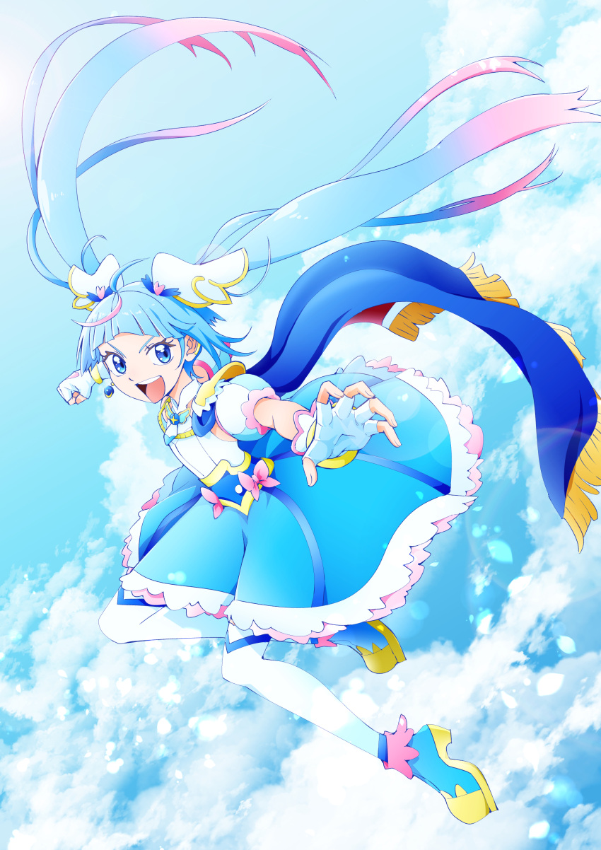 1girl, above_clouds, absurdres, ankle_boots, blue_cape, blue_dress, blue_eyes, blue_footwear