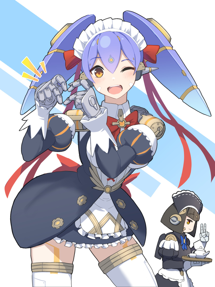 2girls, ;d, absurdres, android, apron, black_dress, black_skirt, black_sleeves, blue_background, blush, bow, brown_hair, character_request, commentary_request, cup, detached_sleeves, dress, frilled_apron, frilled_skirt, frills, hand_up, hands_up, heart, heart_hands, highres, holding, holding_tray, juliet_sleeves, long_sleeves, looking_at_viewer, maid_headdress, medaman, multiple_girls, one_eye_closed, orange_eyes, poppi_(xenoblade), poppi_qt_(xenoblade), puffy_sleeves, purple_hair, red_bow, skirt, smile, solo_focus, teacup, teapot, tray, twintails, two-tone_background, v, white_apron, white_background, xenoblade_chronicles_(series), xenoblade_chronicles_2