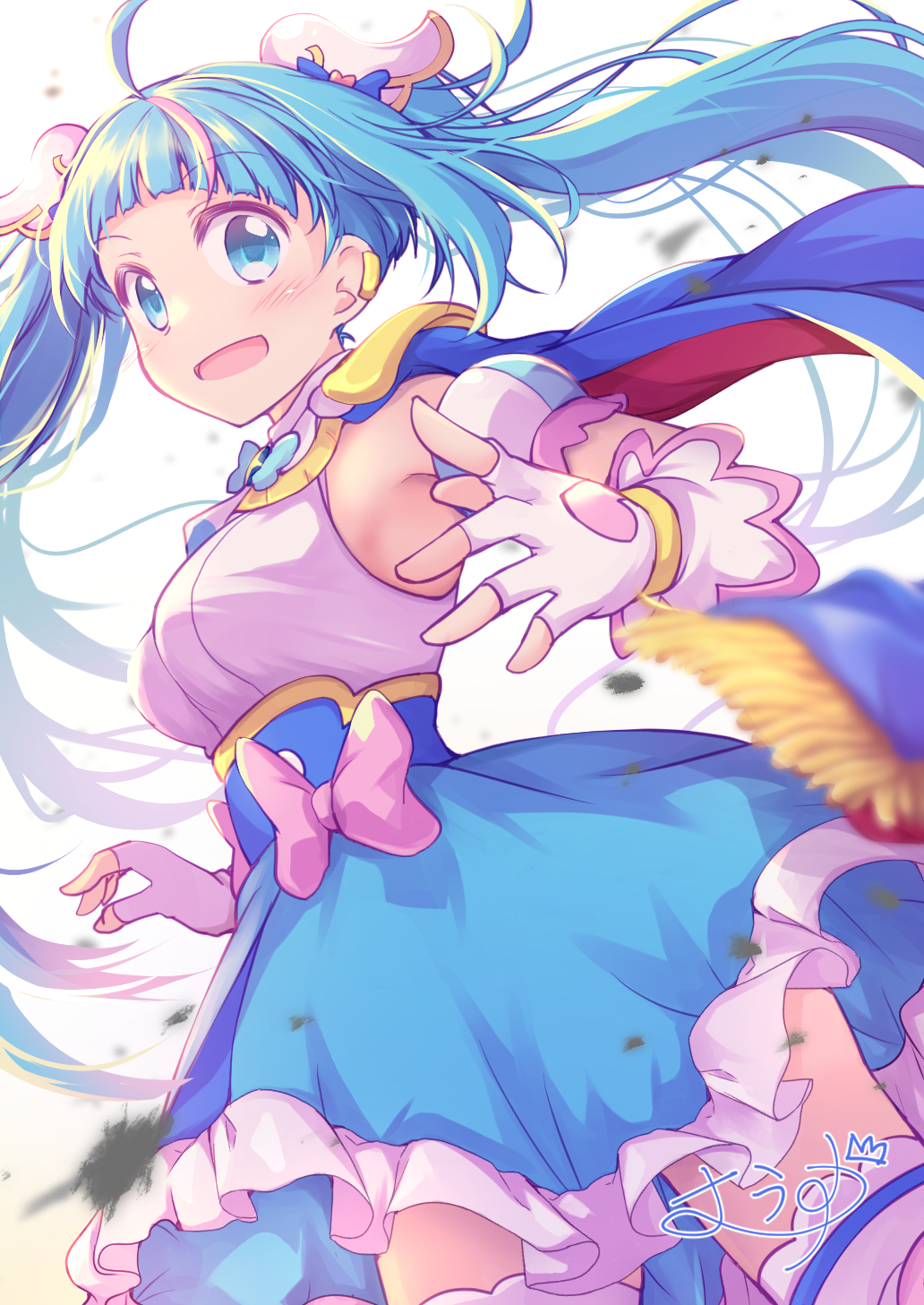 1girl, artist_name, blue_cape, blue_dress, blue_eyes, blue_hair, bow, brooch, cape, commentary, cowboy_shot, cure_sky, cut_bangs, detached_sleeves, dress, dress_bow, fingerless_gloves, frilled_dress, frills, gloves, highres, hirogaru_sky!_precure, jewelry, long_hair, looking_at_viewer, magical_girl, multicolored_hair, muusu, open_mouth, precure, puffy_detached_sleeves, puffy_sleeves, red_cape, short_dress, signature, sleeveless, sleeveless_dress, smile, solo, sora_harewataru, thigh-highs, twintails, two-sided_cape, two-sided_fabric, two-tone_dress, very_long_hair, white_dress, white_gloves, white_thighhighs, wind, wing_brooch, wing_hair_ornament